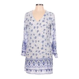 Devi Blue White Floral Print Rayon Tunic Dress Size L Boho Resort Beach NWT